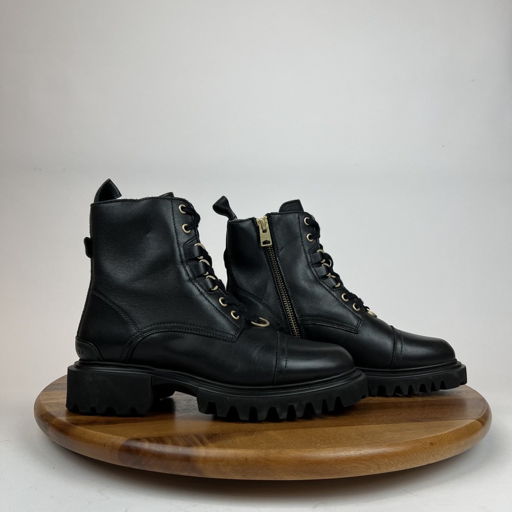 Womens Allsaints Lydia Black Leather Cap Toe Lug Sole Combat Boots Size EU‎ 36